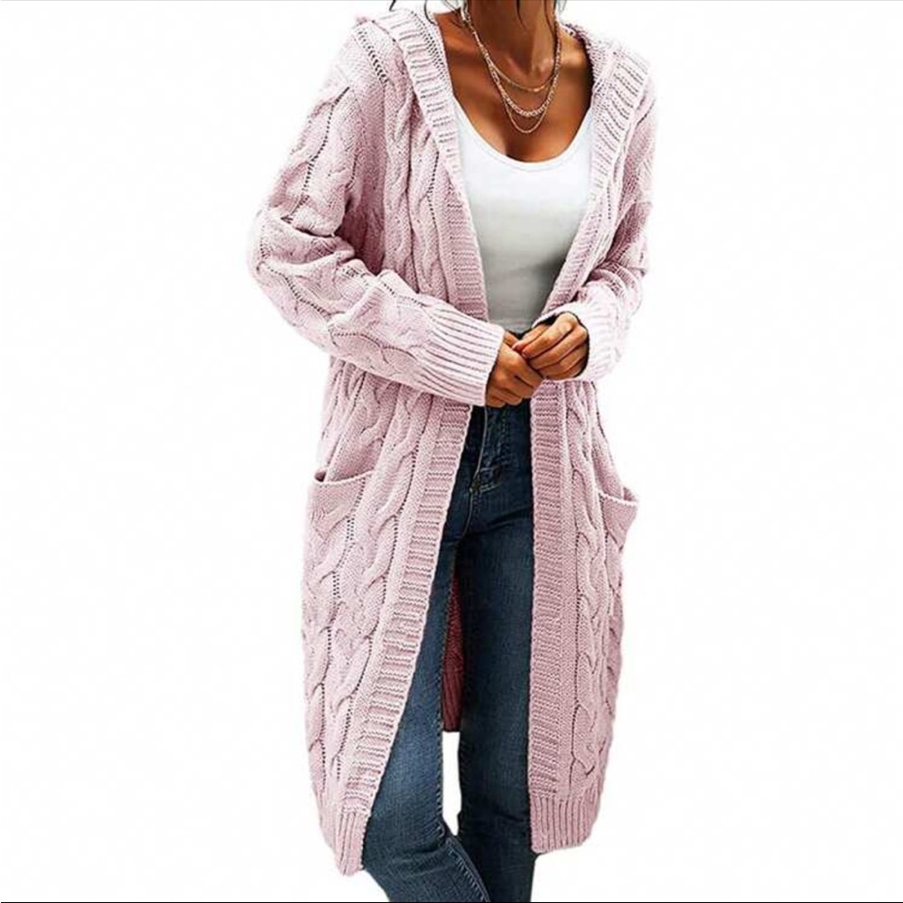 Luxe Cable Knit Long Sleeve Sweater Cardigan Open Front Pocket Hooded Hood - Picture 15 of 16